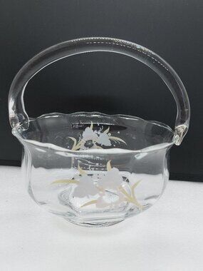 Vintage Clear Glass Basket Flower Design Scalloped Top Edge
